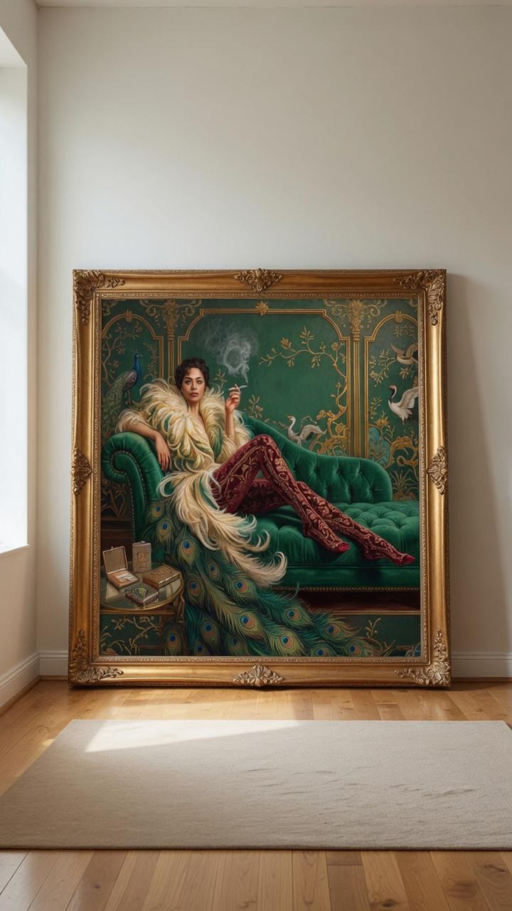 Peacock Glam Wall Art, Vintage Fashion Woman Print, Emerald Green Sofa Decor, Luxury Maximalist Poster, Moody Feminine Artwork