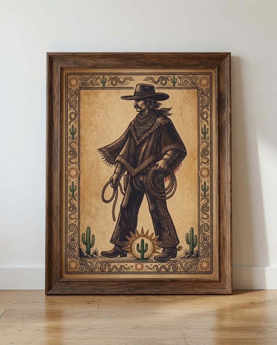 Vintage Cowboy Wall Art, Western Ranch Poster, Rustic Desert Decor, Retro Cowboy Print, Southwestern Artwork