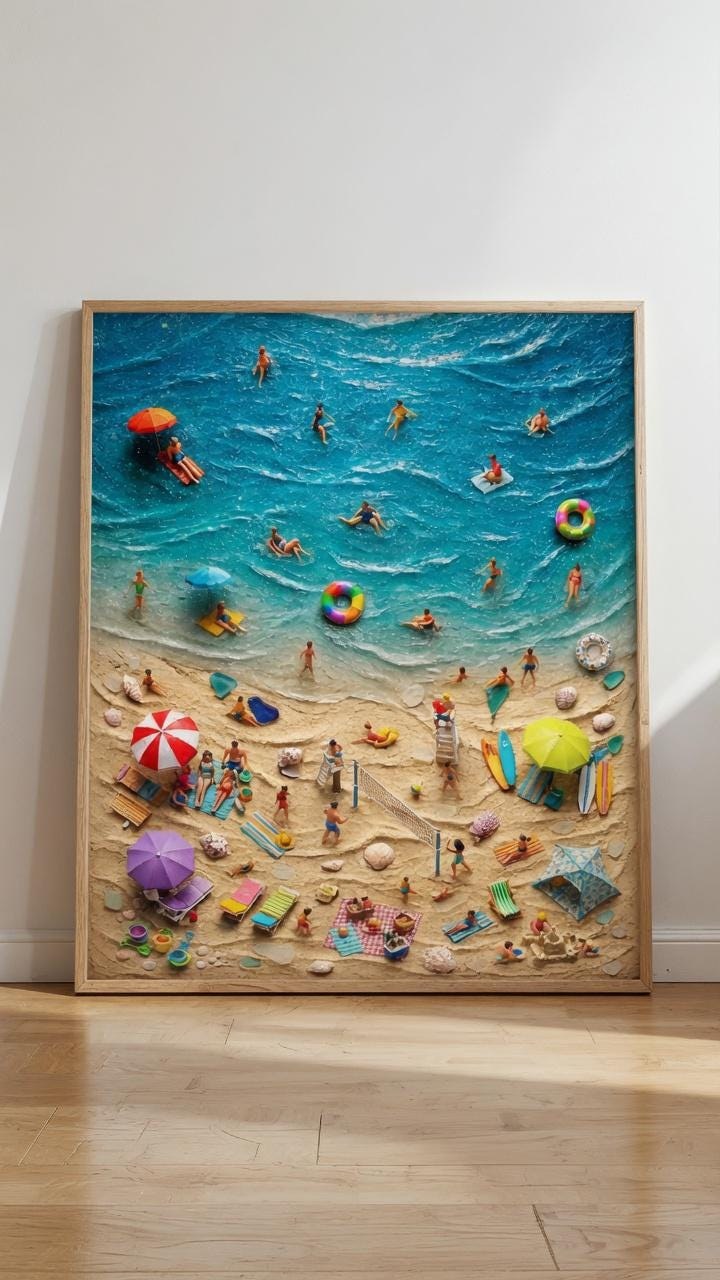 Tiny People Beach Wall Art, Minimalist Coastal Print, Aerial Ocean Poster, Modern Beach Decor, Summer Seaside Artwork