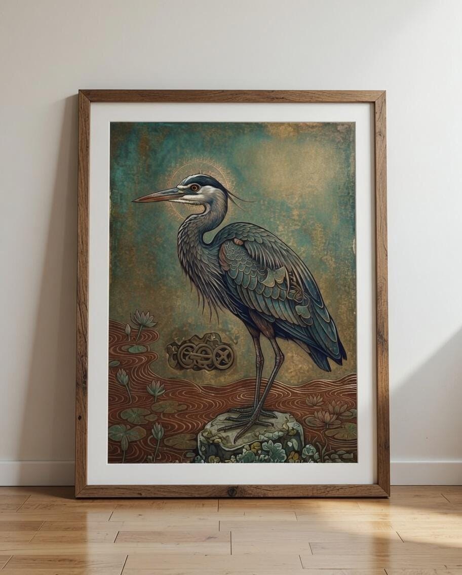 Vintage Heron Wall Art, Mystical Bird Poster, Nature Inspired Decor, Elegant Crane Artwork, Moody Botanical Print