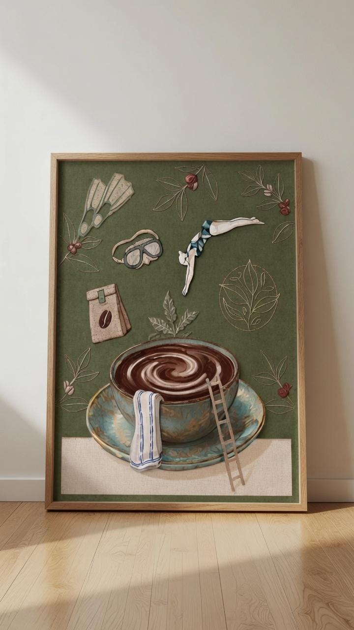 Surreal Coffee Diver Art Print, Whimsical Barista Cafe Poster