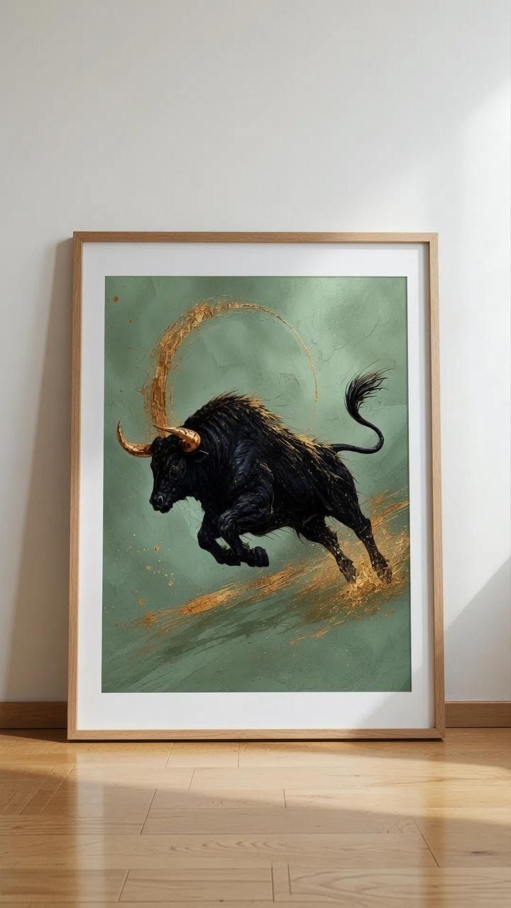 Black Bull Charging Wall Art Print – Dynamic Golden Swirl Home Decor