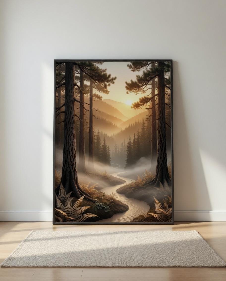 Forest Landscape Wall Art, Mountain Sunrise Poster, Misty Woodland Decor, Nature Path Artwork, Scandinavian Printable