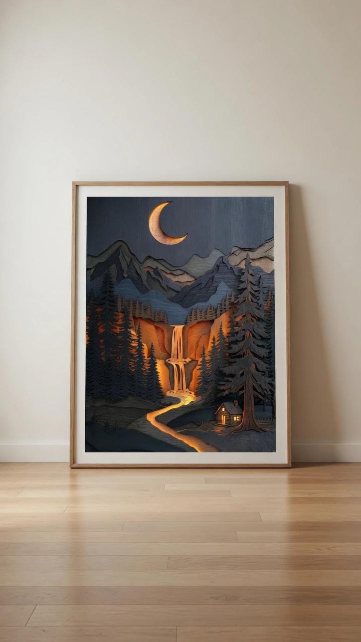 Moonlit River Wall Art, Layered Paper Landscape, Japanese Night Poster, Celestial Nature Decor, Tranquil Scenic Printable