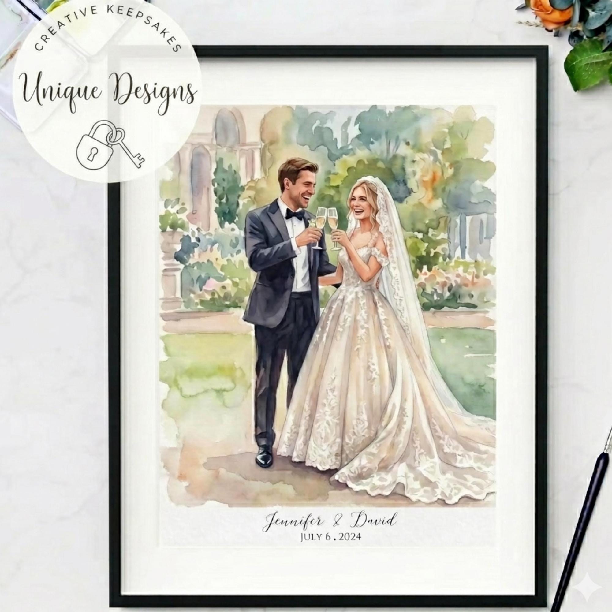 Watercolor Couple Portrait from Photo, Custom Wedding Anniversary Gift for Wife Husband Parents, Hand painted