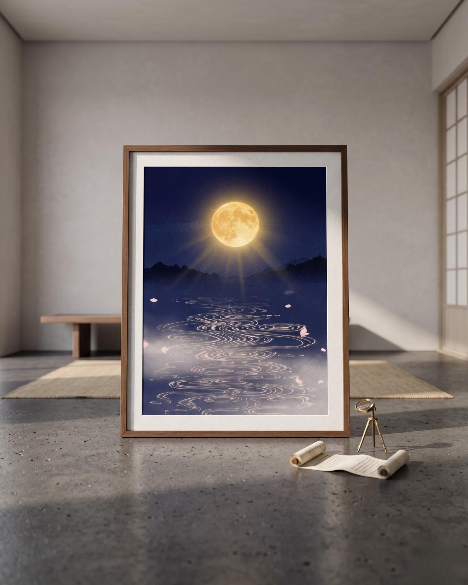 Moon Reflection Poster, Japanese Minimalist Art Print, Zen Nature Decor, Vintage Asian Printable