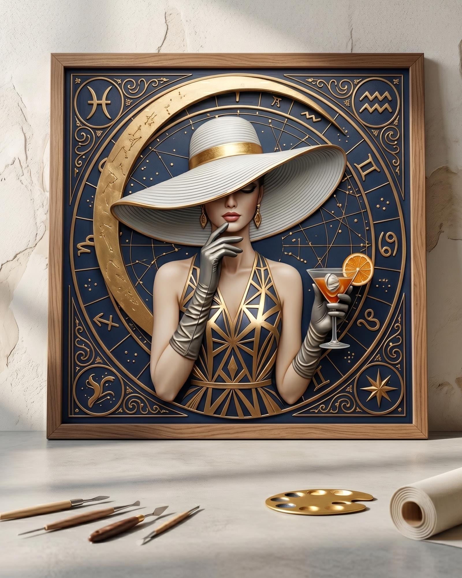 Zodiac Glam Wall Art, Art Deco Astrology Poster, Celestial Woman Illustration, Luxury Horoscope Decor, Midnight Blue Printable
