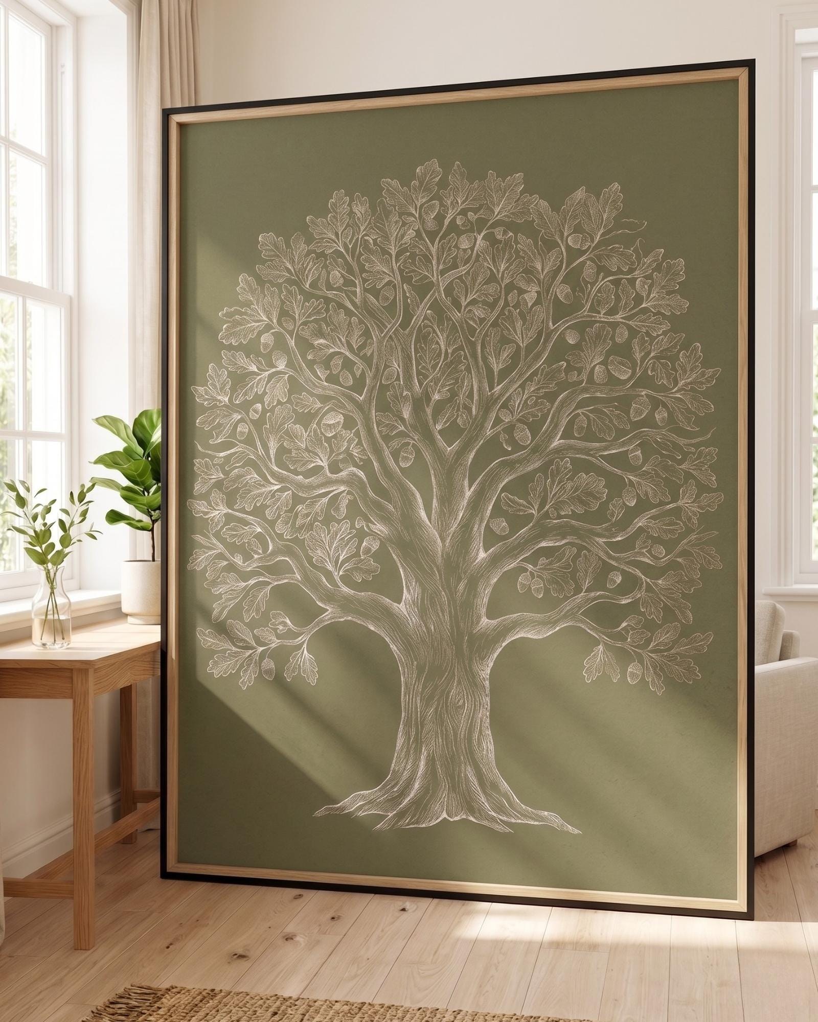 Oak Tree Wall Art, Botanical Tree Print, Vintage Nature Illustration, Rustic Woodland Decor, Sage Green Printable