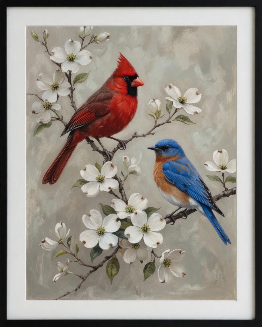 Two Birds Branch Wall Art, Teal Botanical Print, Vintage Wildlife Decor (Digital Download)