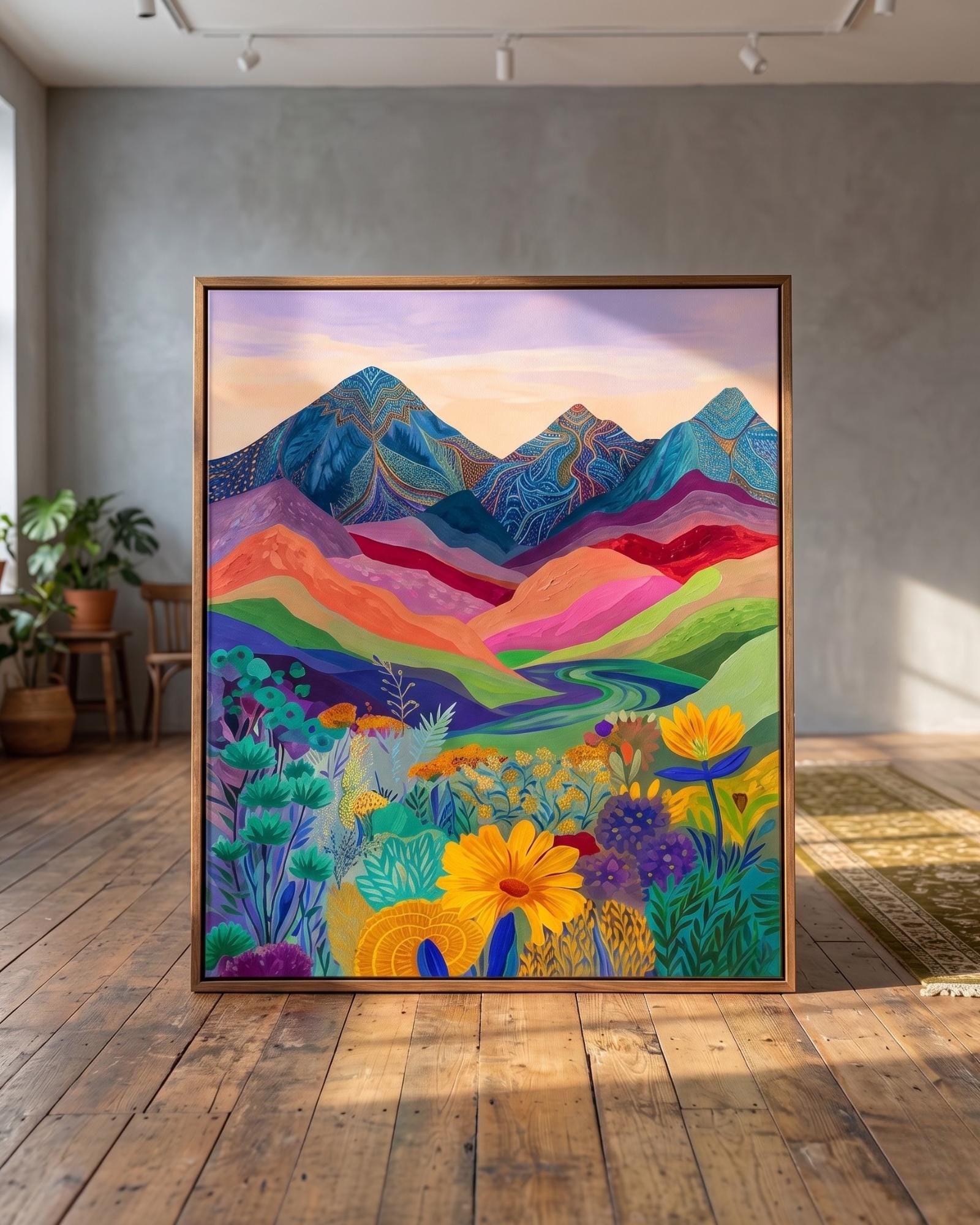 Colorful Mountain Landscape, Floral Nature Poster, Wildflower Valley Artwork, Scenic Botanical Decor, Vibrant Printable Wall Art