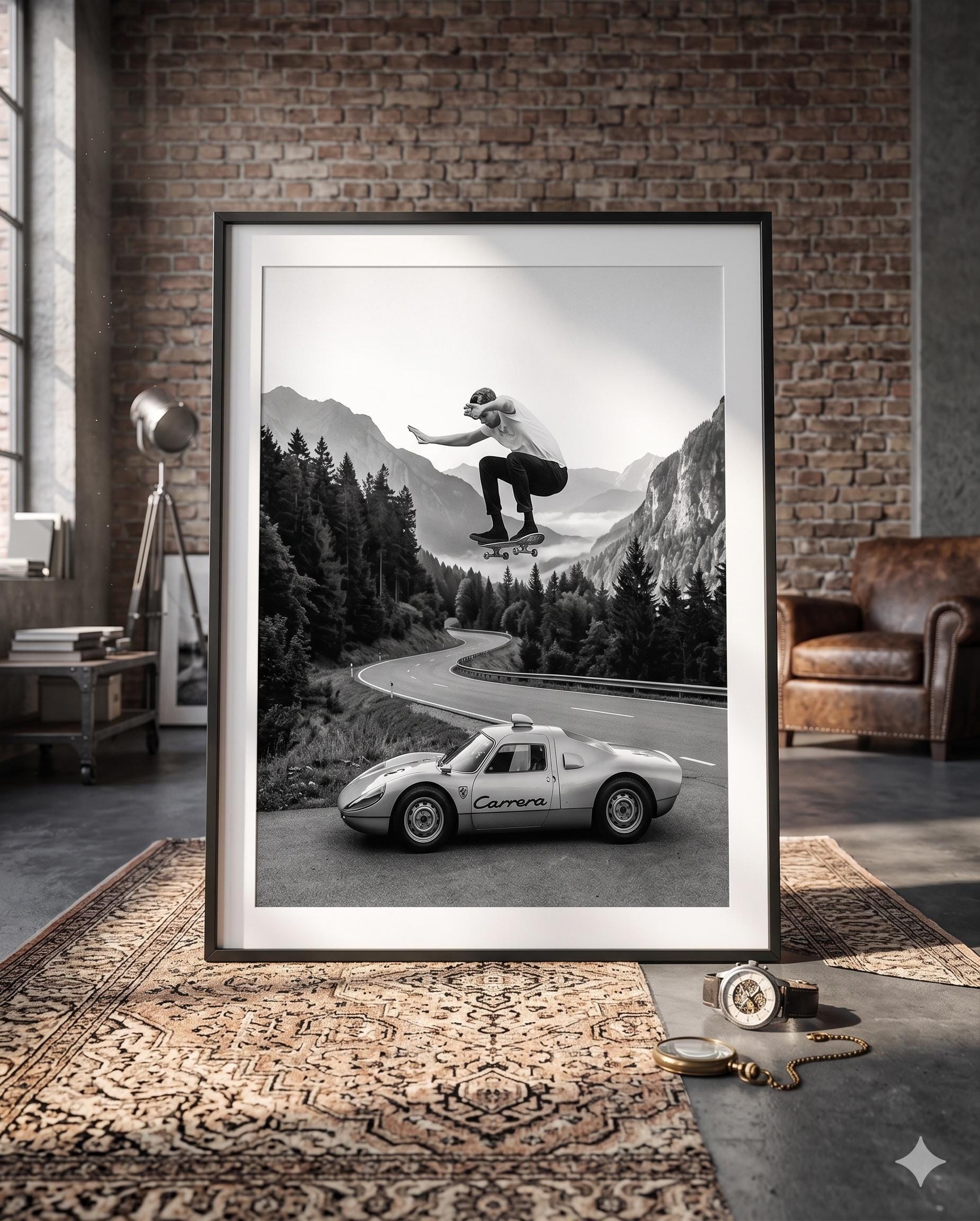 Porsche Skateboard Wall Art, Vintage 911 Poster, Urban Automotive Decor, Street Culture Artwork, Retro Car Printable