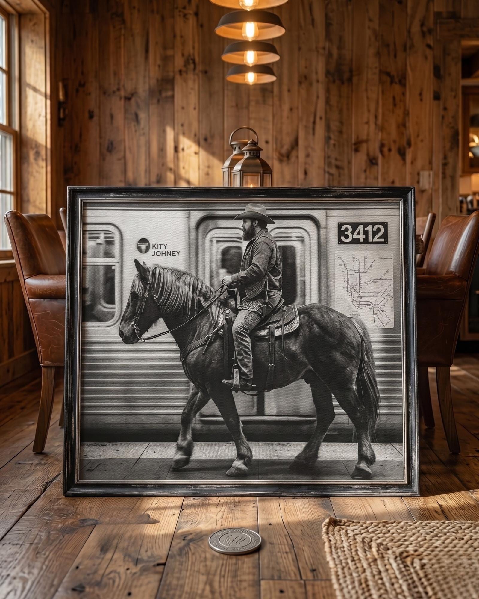 NYC Cowboy Vintage Subway Poster, Urban Western Retro City Artwork (Digital Download)