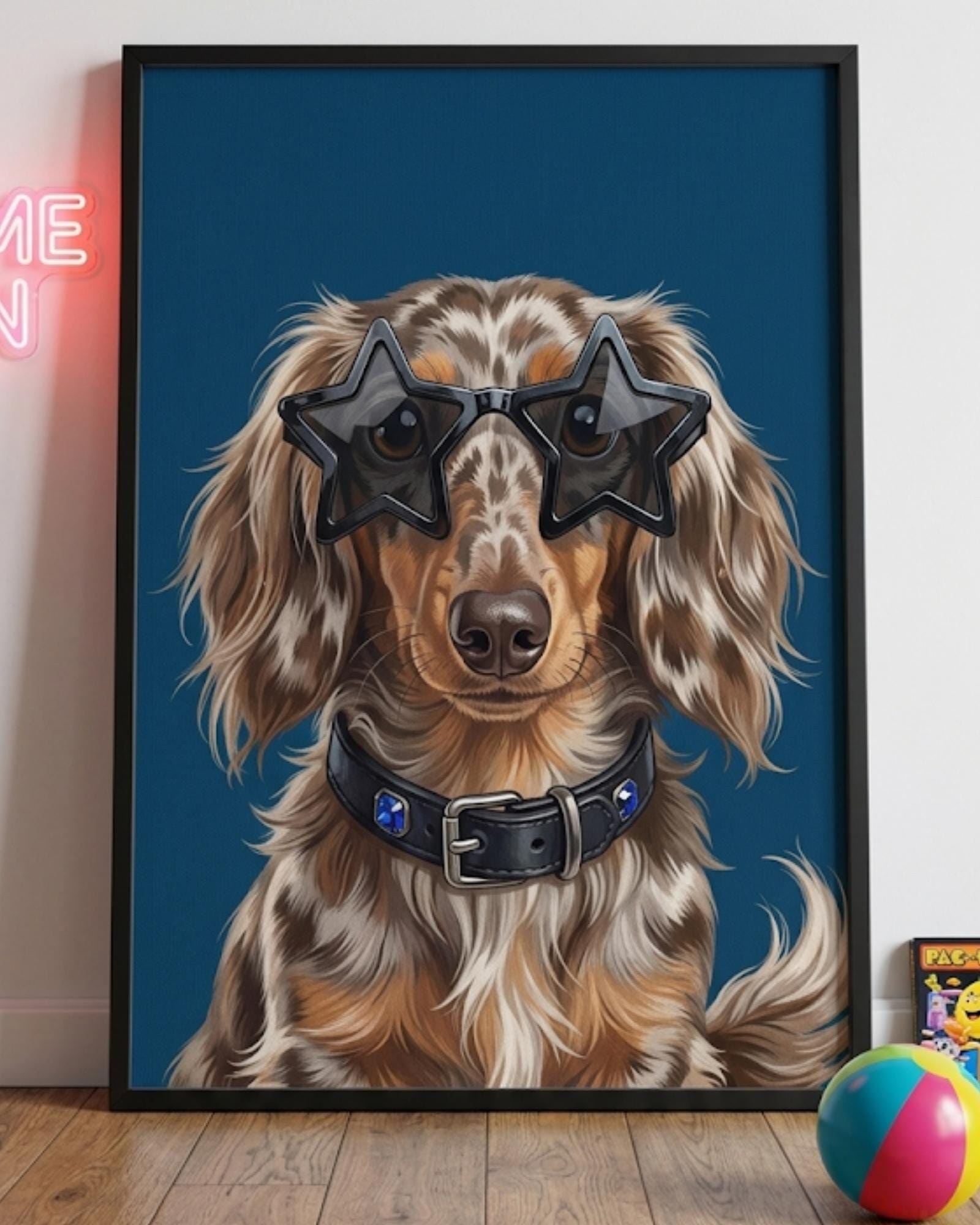 Dachshund Wall Art, Funky Dog Poster, Star Sunglasses Print, Playful Pet Decor, Modern Animal Printable