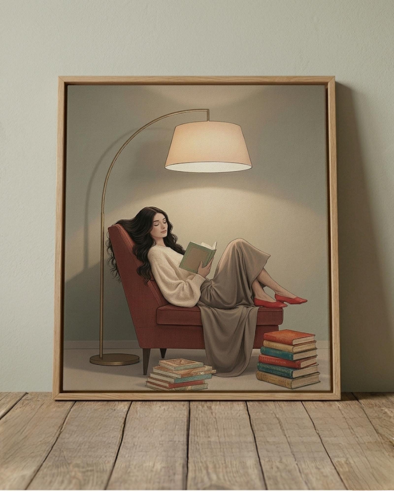Cozy Reading Woman Wall Art, Book Lover Literary Print, Relaxing Nook Decor (Digital Download)