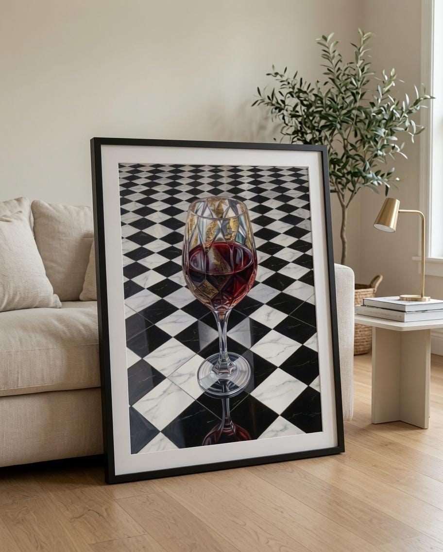 Red Wine Glass Art Print: Gold Geometric Crystal Stemware, Black White Checkerboard Floor