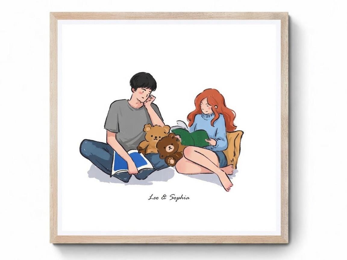 Custom Couple Portrait, Hand Drawn Watercolor Artwork, Personalized Anniversary Gift