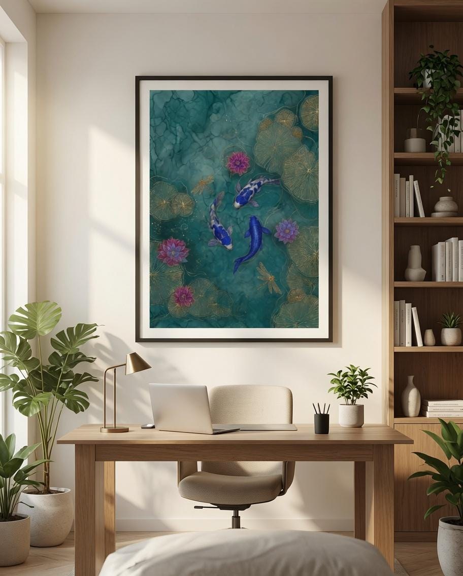 Elegant Koi Fish Wall Art, Japanese Zen Poster, Oriental Pond Artwork (Digital Download)