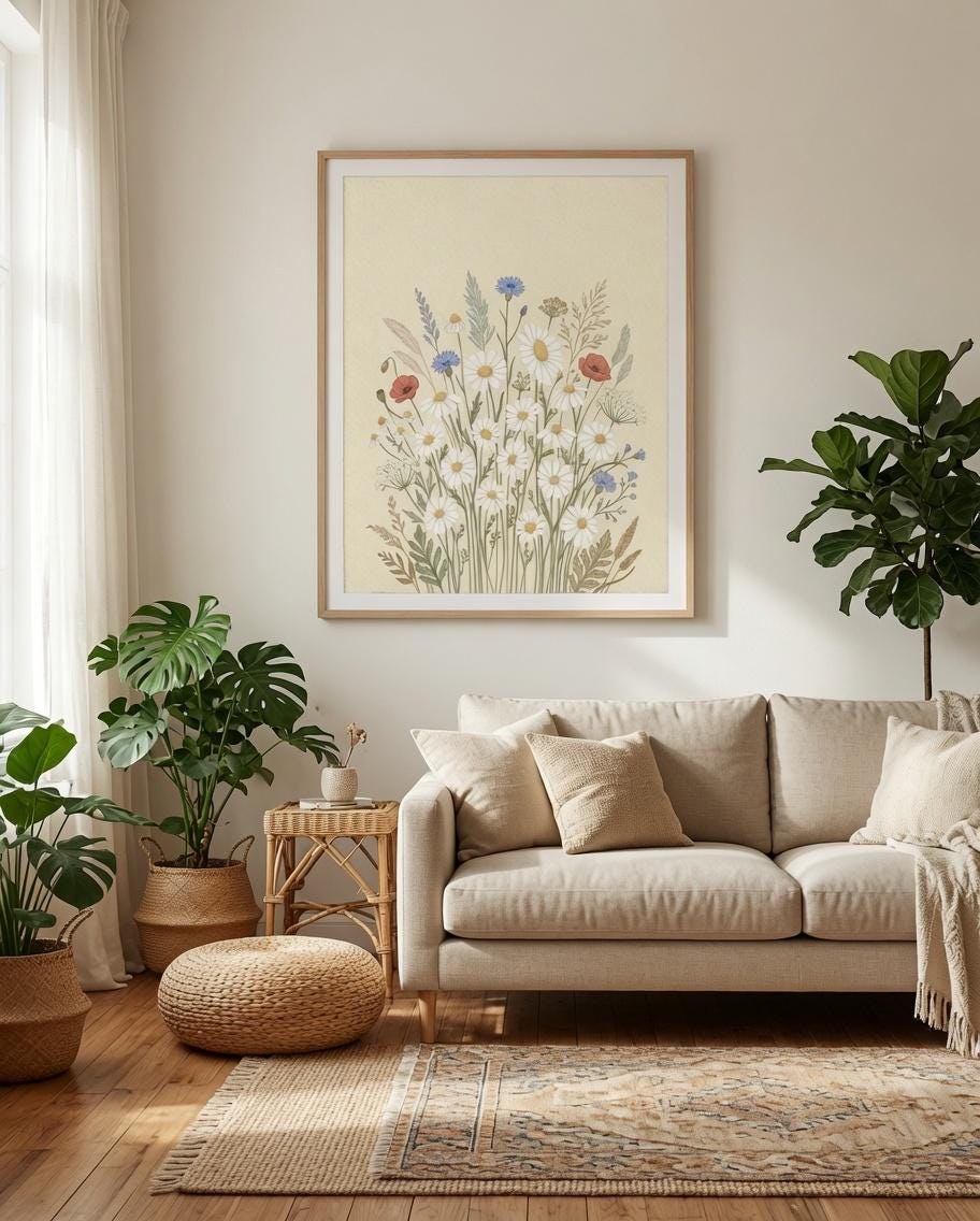 Pastel Daisy Wall Art, Cottagecore Floral Print, Vintage Botanical Decor (Digital Download)