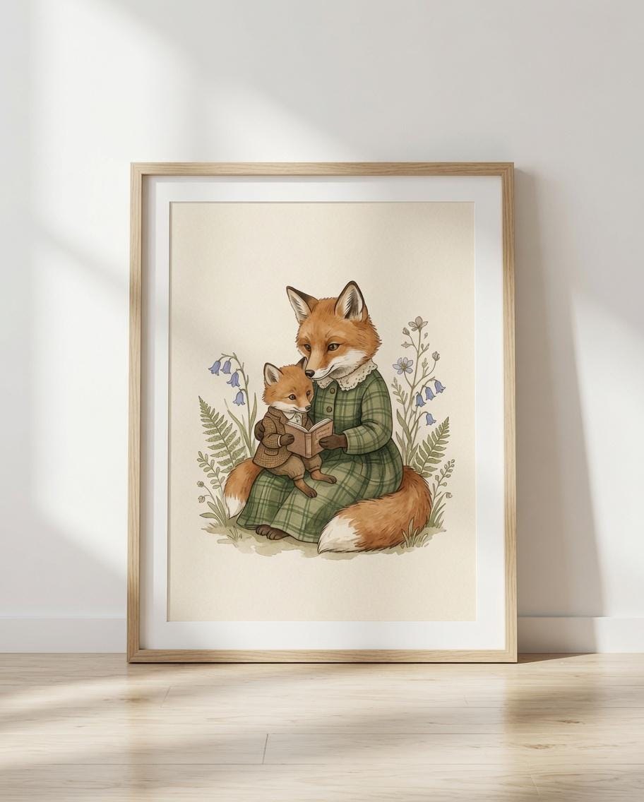 Mama Fox Reading to Cub Print, Woodland Storybook Nursery Art (Digital Download)