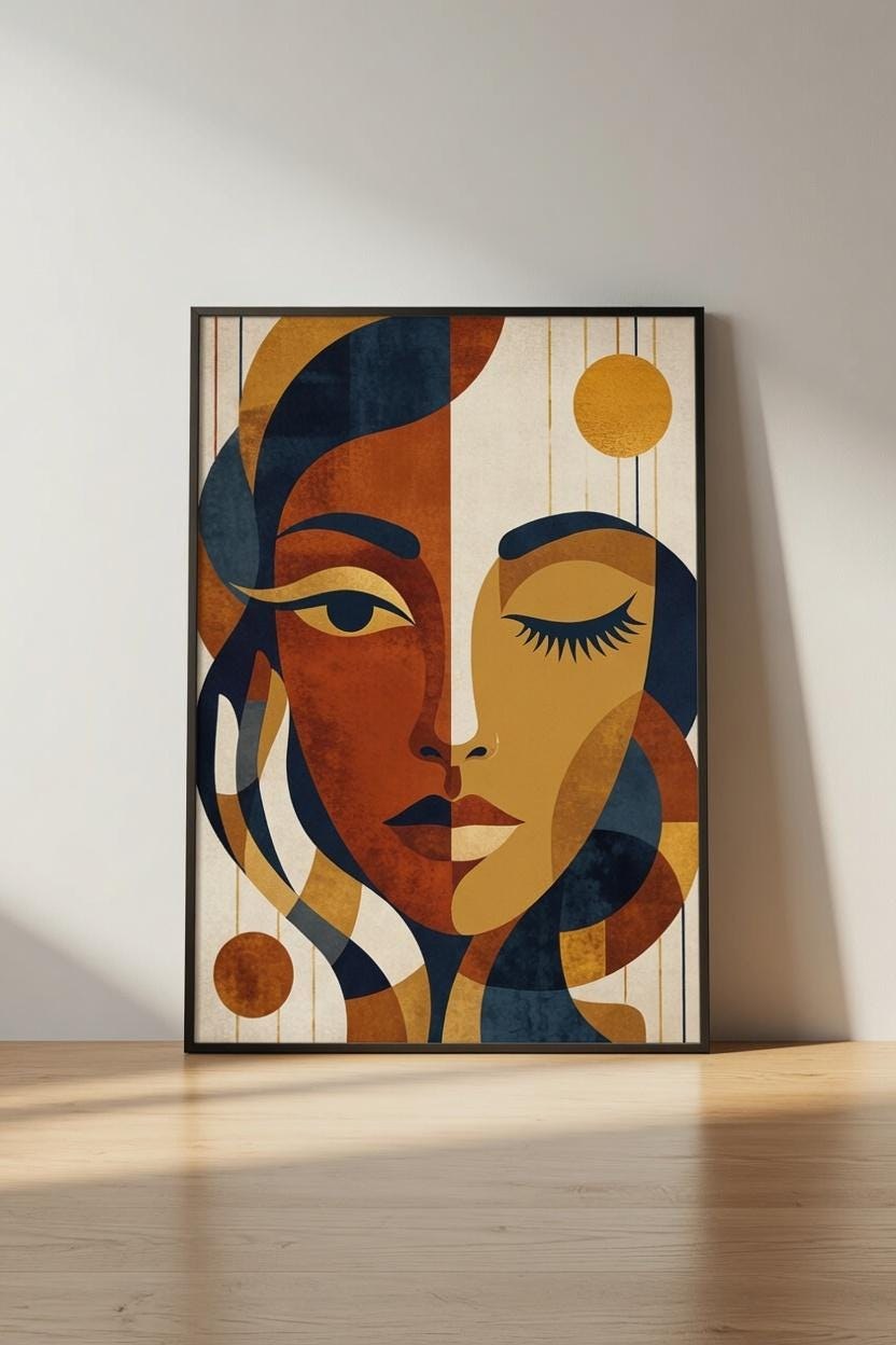 Afro Boho Woman Geometric Portrait Print, Abstract Female Poster (Digital Download)