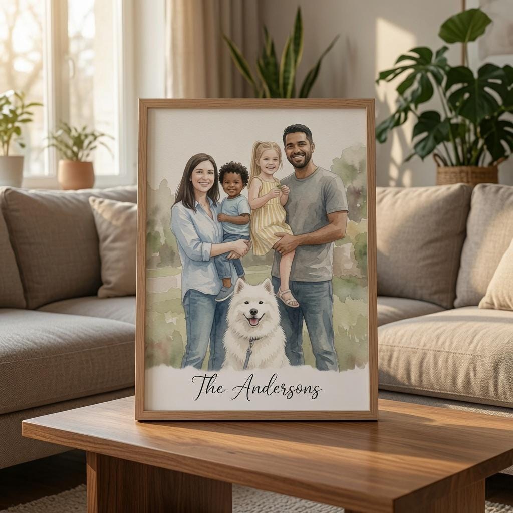Custom Family Portrait From Photo, Personalized Watercolor Illustration, Hand Drawn Household Artwork, Anniversary Keepsake Gift