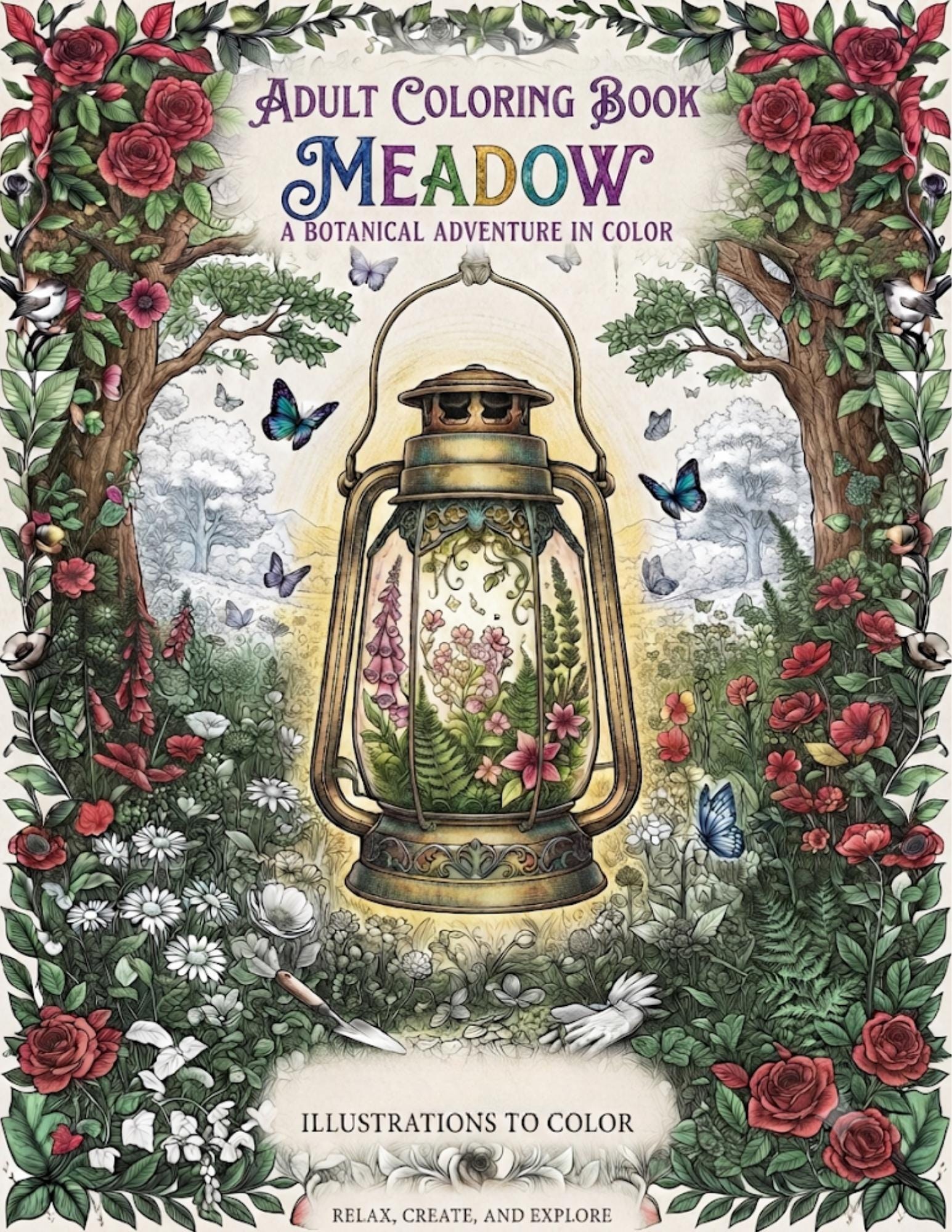 Botanical Adult Coloring Book, Meadow Illustrations, Boho Floral Pages (Digital Download)