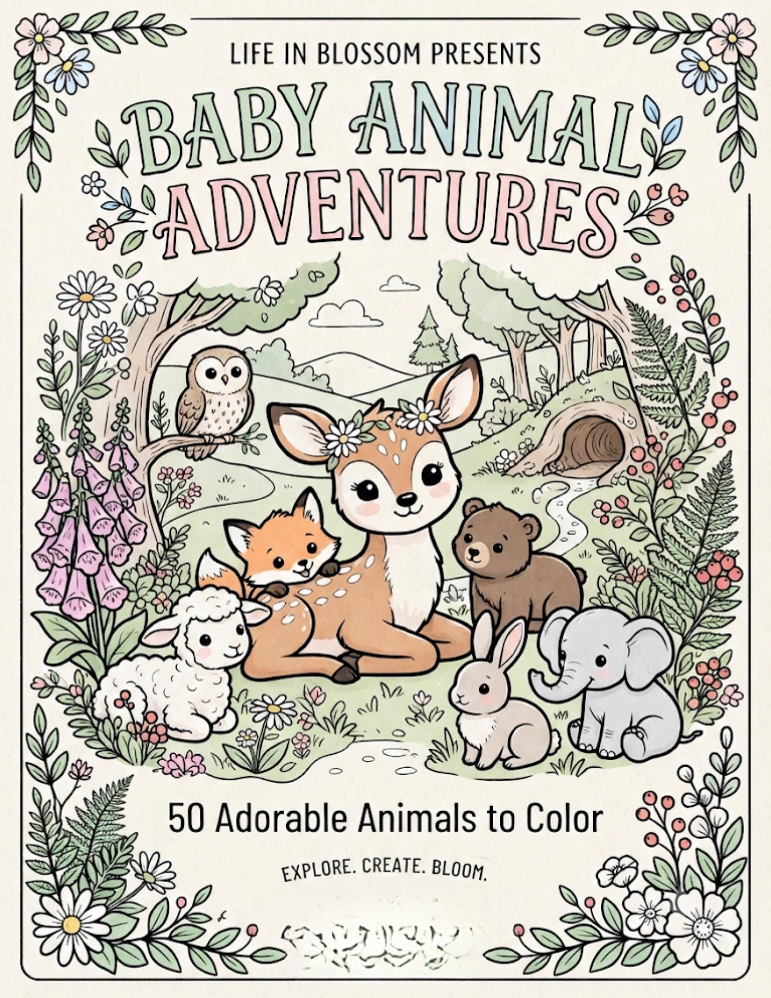 Baby Animal Coloring Book, Woodland Creatures, Botanical Boho Pages (Digital Download)