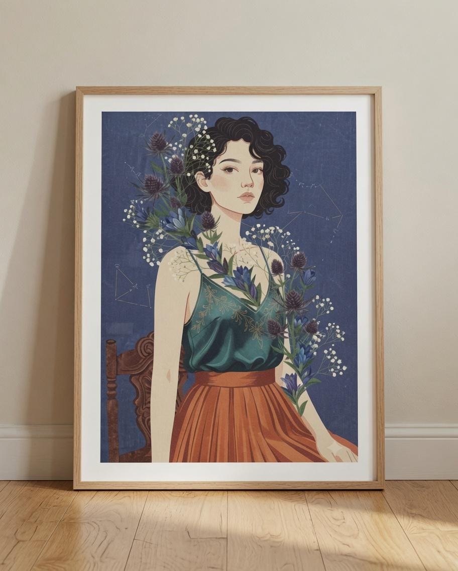 Floral Woman Portrait, Surreal Botanical Art, Boho Nature Illustration (Digital Download)