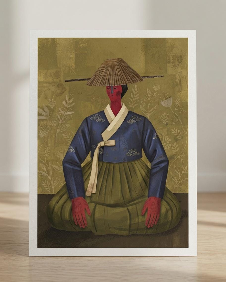 Korean Woman Wall Art, Traditional Hanbok Illustration, Boho Gallery Print (Digital Download)