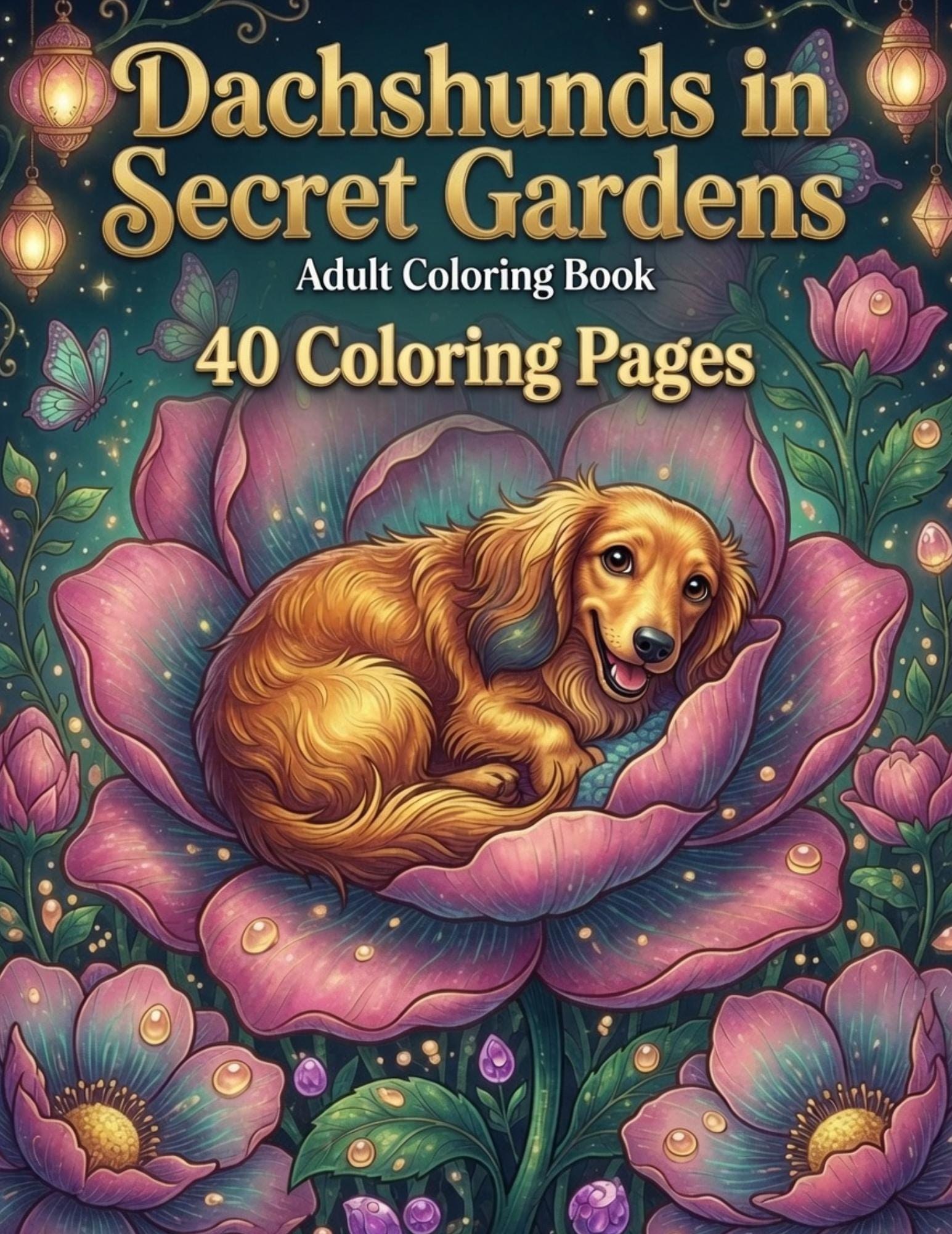 Dachshund Coloring Book Printable, Secret Garden Dog Coloring Pages, Whimsical Floral PDF, Adult Relaxation Activity, Instant Download