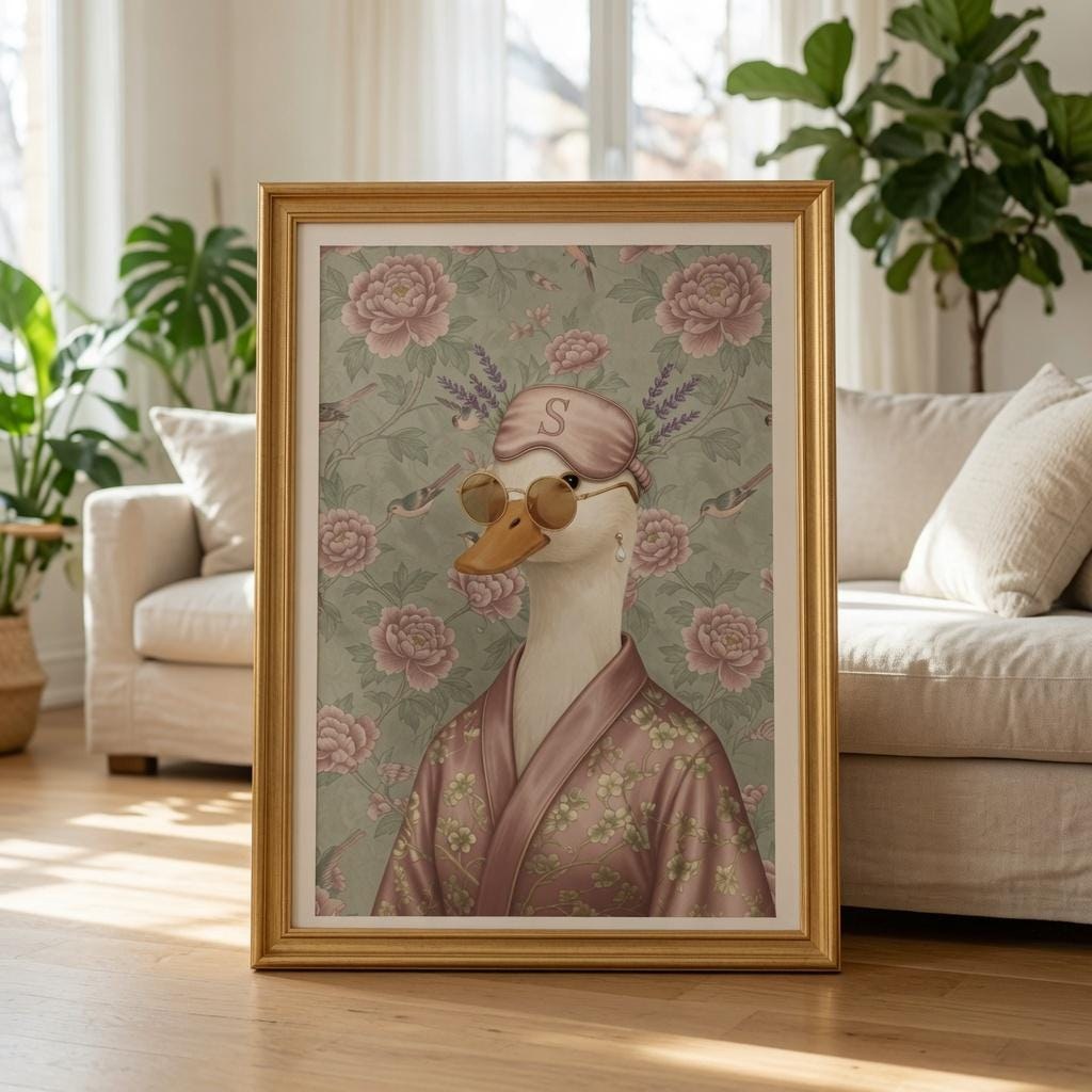 Quirky Duck Wall Art, Pink Towel Bathroom Poster, Whimsical Bird Illustration (Digital Download)