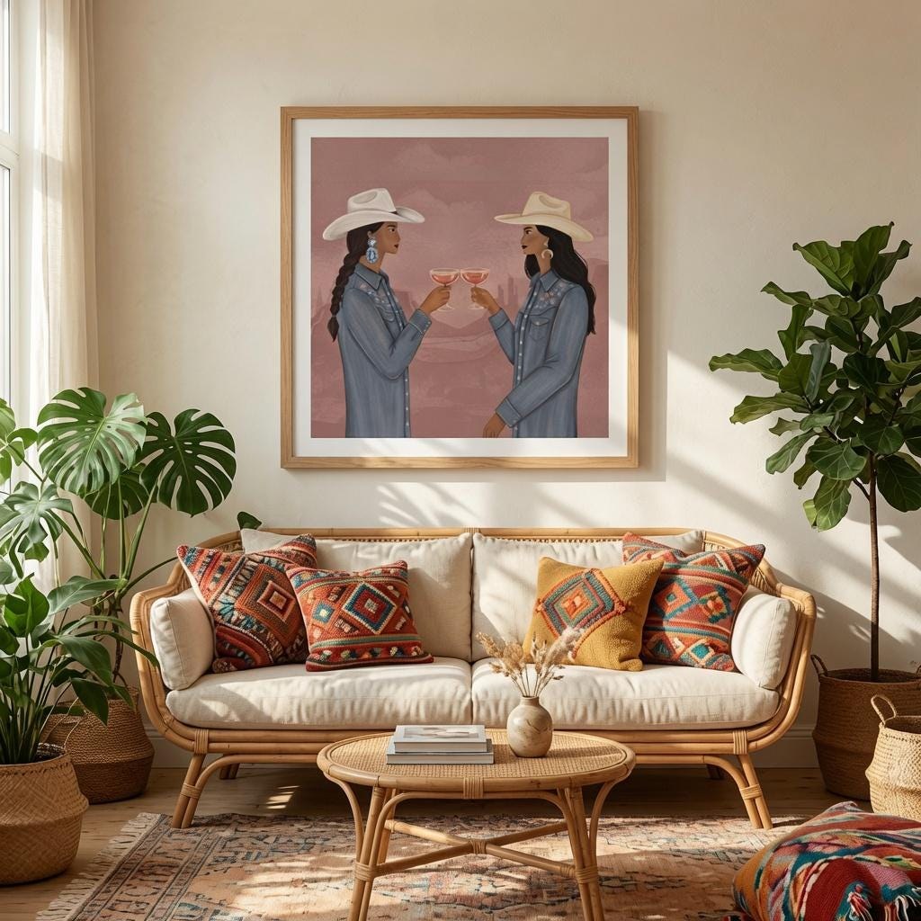 Cowgirl Cocktail Wall Art Printable, Western Girls Illustration, Retro Cowgirl Decor, Pink Rodeo Party Poster, Digital Download