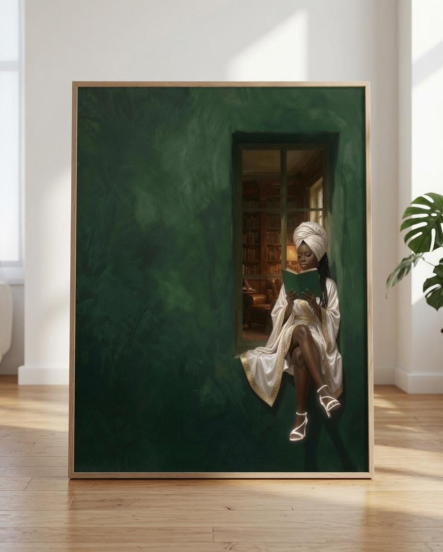 Black Woman Reading Wall Art, Emerald Library Illustration, Literary Decor (Digital Download)