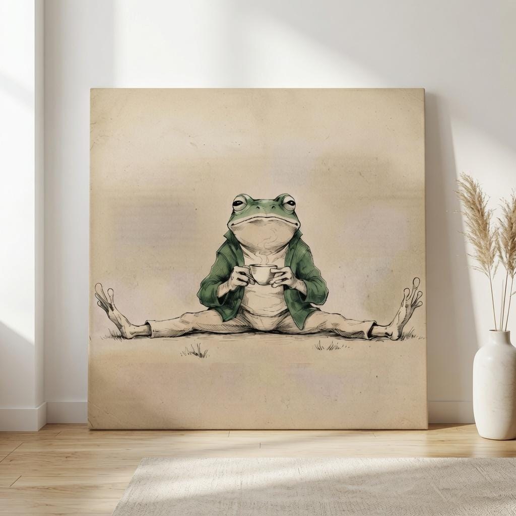 Vintage Frog Coffee Wall Art Printable, Cottagecore Café Illustration, Whimsical Animal Poster, Kitchen Decor, Digital Download
