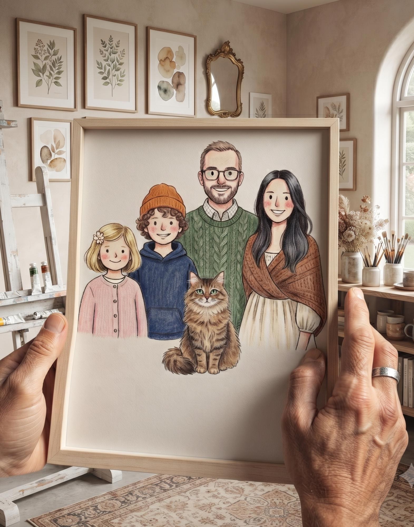 Custom Family Portrait With Pets, Hand Drawn Household Artwork, Personalized Parent Dog Illustration, Anniversary Keepsake Gif