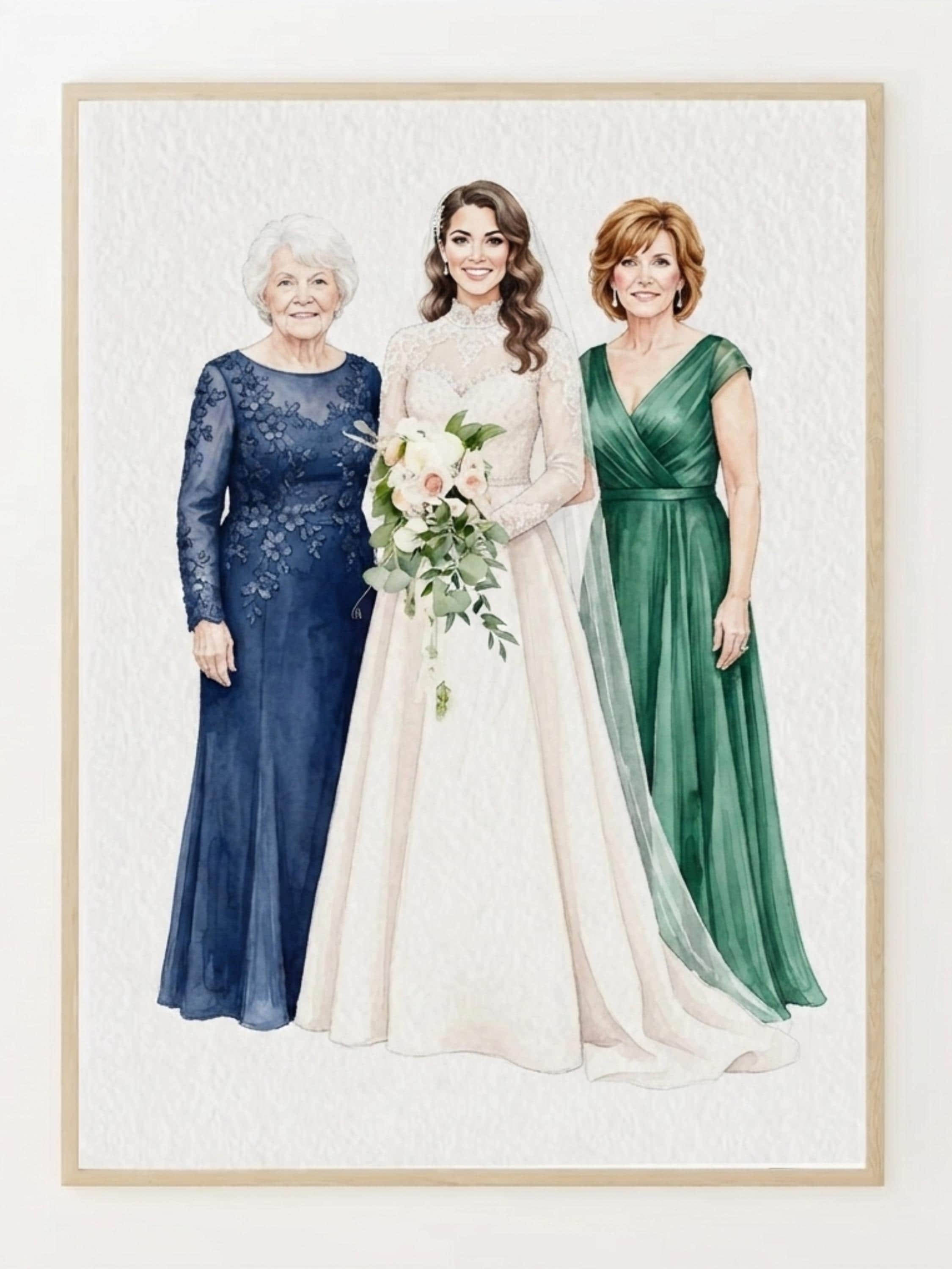 Custom Bride Mother Portrait, Personalized Wedding Illustration, Hand Painted Family Artwork, Mother Daughter Keepsake