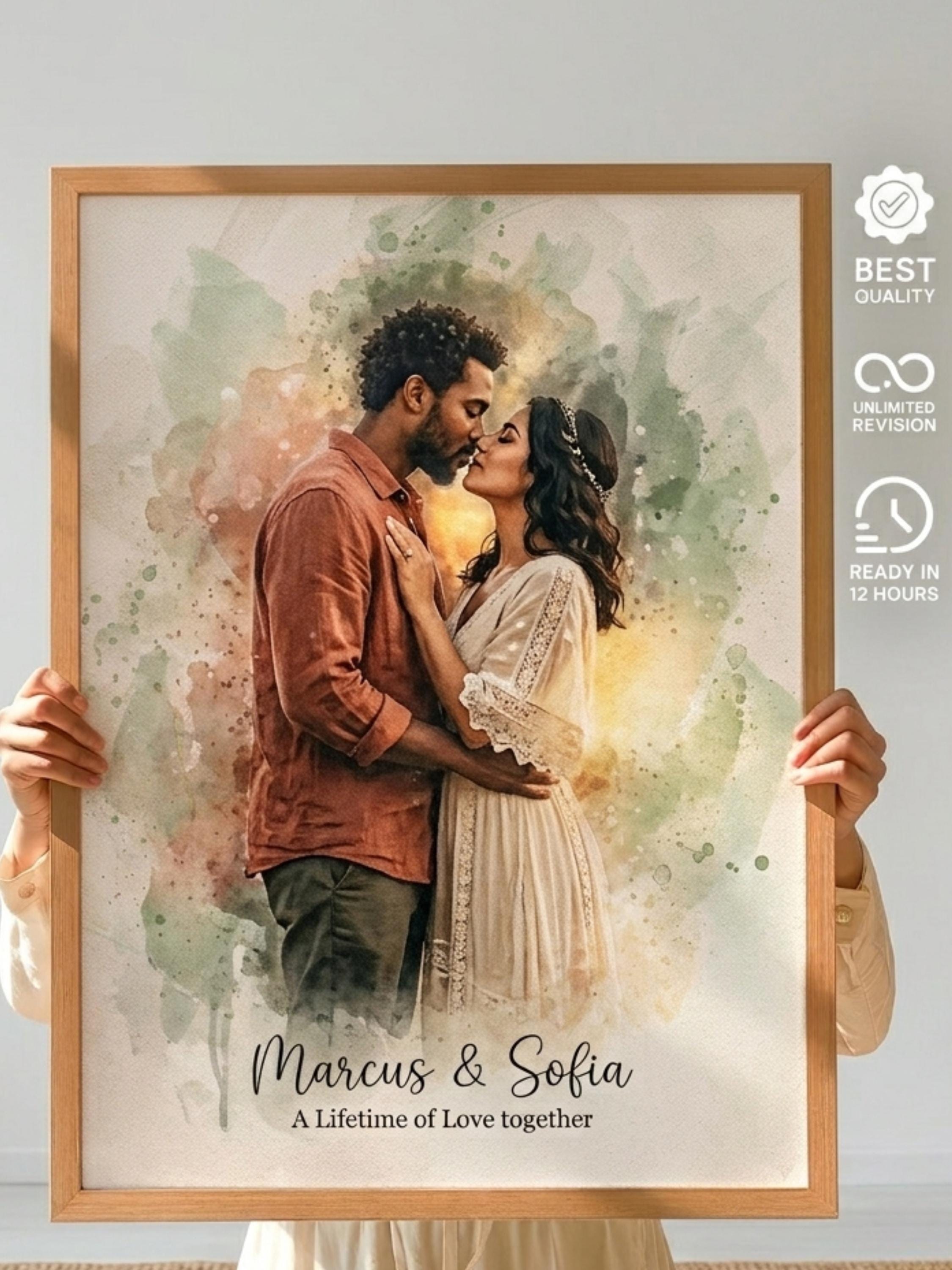 Custom Watercolor Couple Portrait, Personalized Painting From Photo, Hand Painted Wedding Artwork, Anniversary Gift, Digital & Printed Art