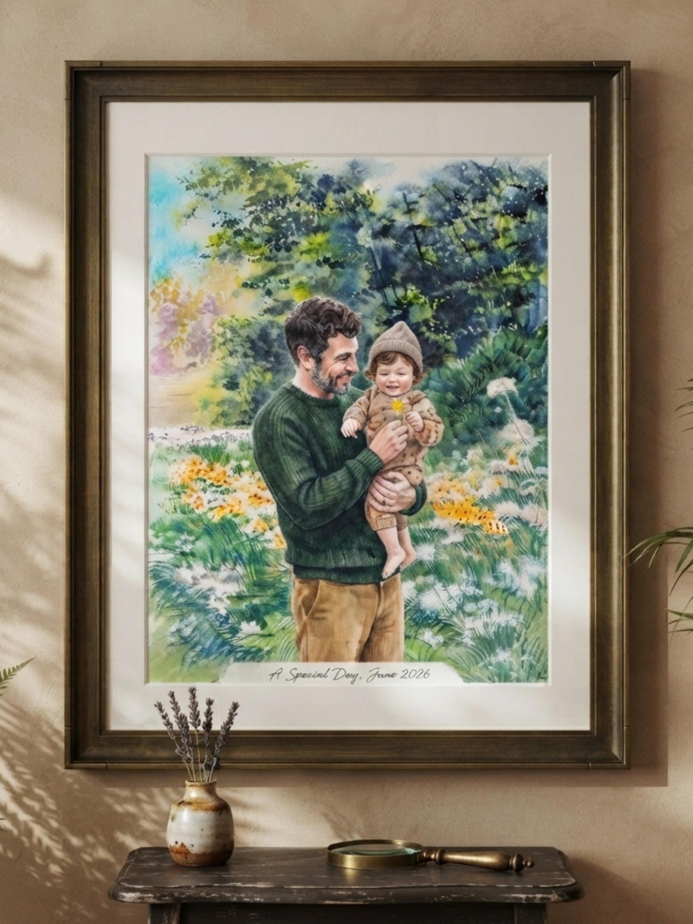 Custom Father Daughter Portrait, Personalized Hand Drawn Illustration, Watercolor Family Artwork, Daddy Girl Gift, Digital & Printed Art