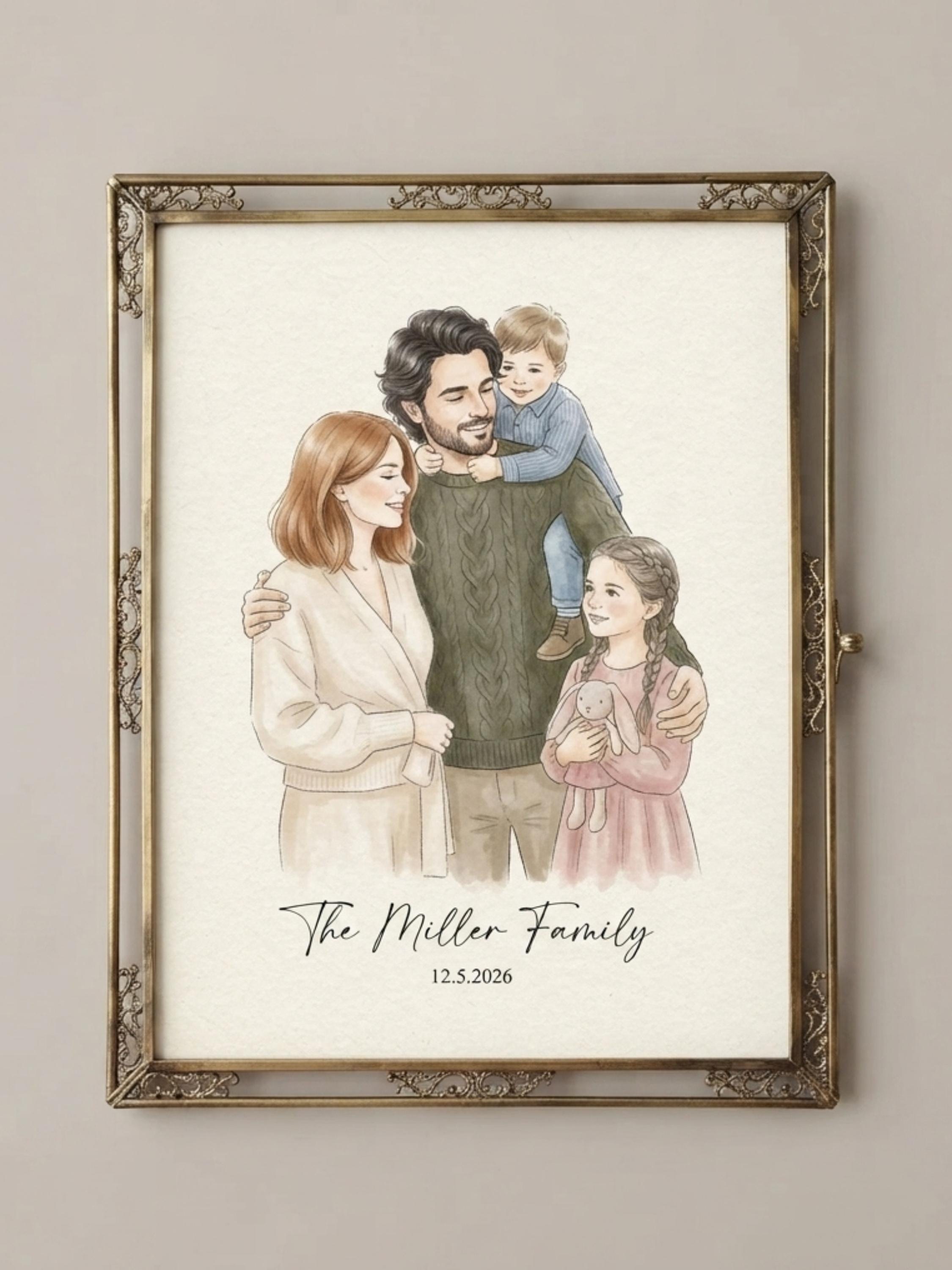 Custom Hand Drawn Portrait From Photo, Personalized Watercolor Family Artwork, Couple Painting, Wedding Keepsake Gift, Digital & Printed Art