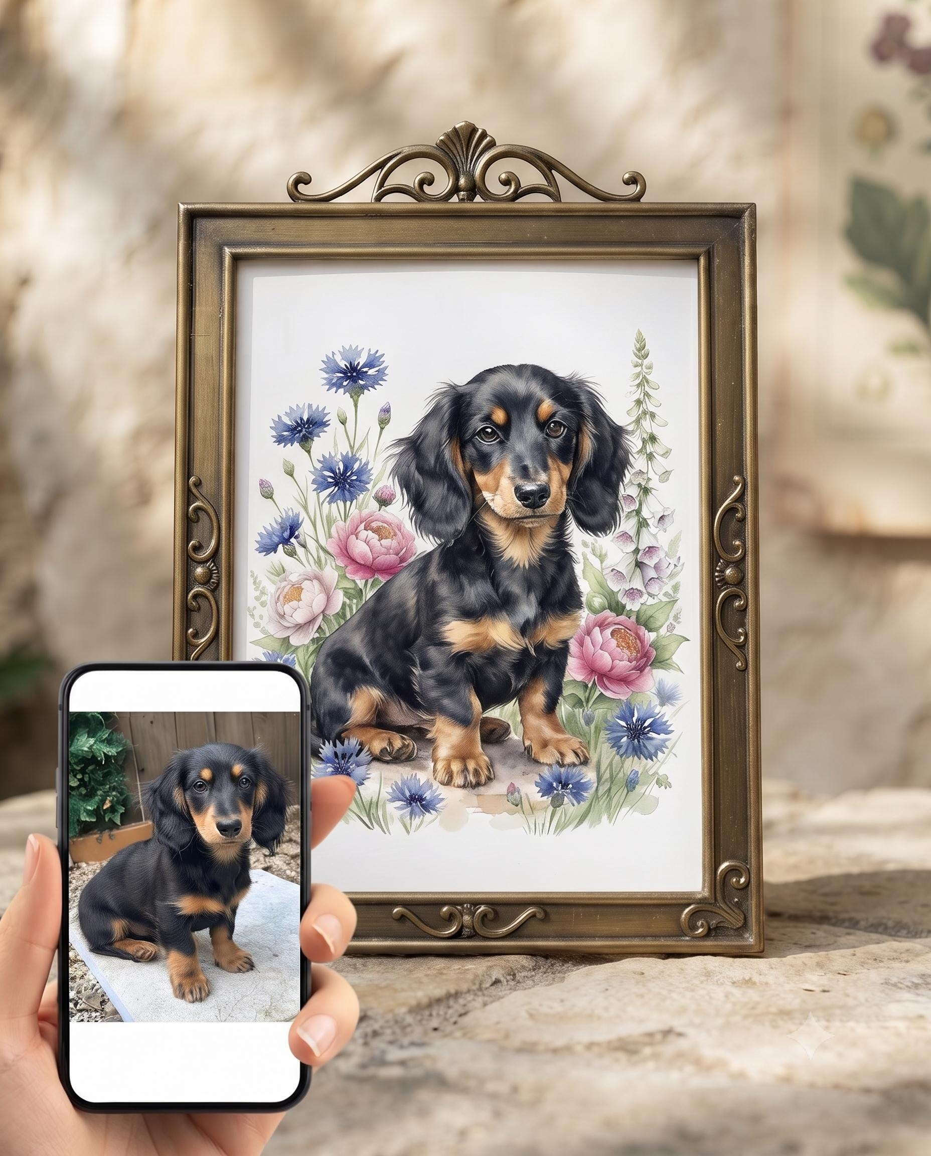 Custom Pet Portrait With Wildflowers, Personalized Dog Cat Artwork, Hand Painted Floral Illustration, Memorial Keepsake Gift