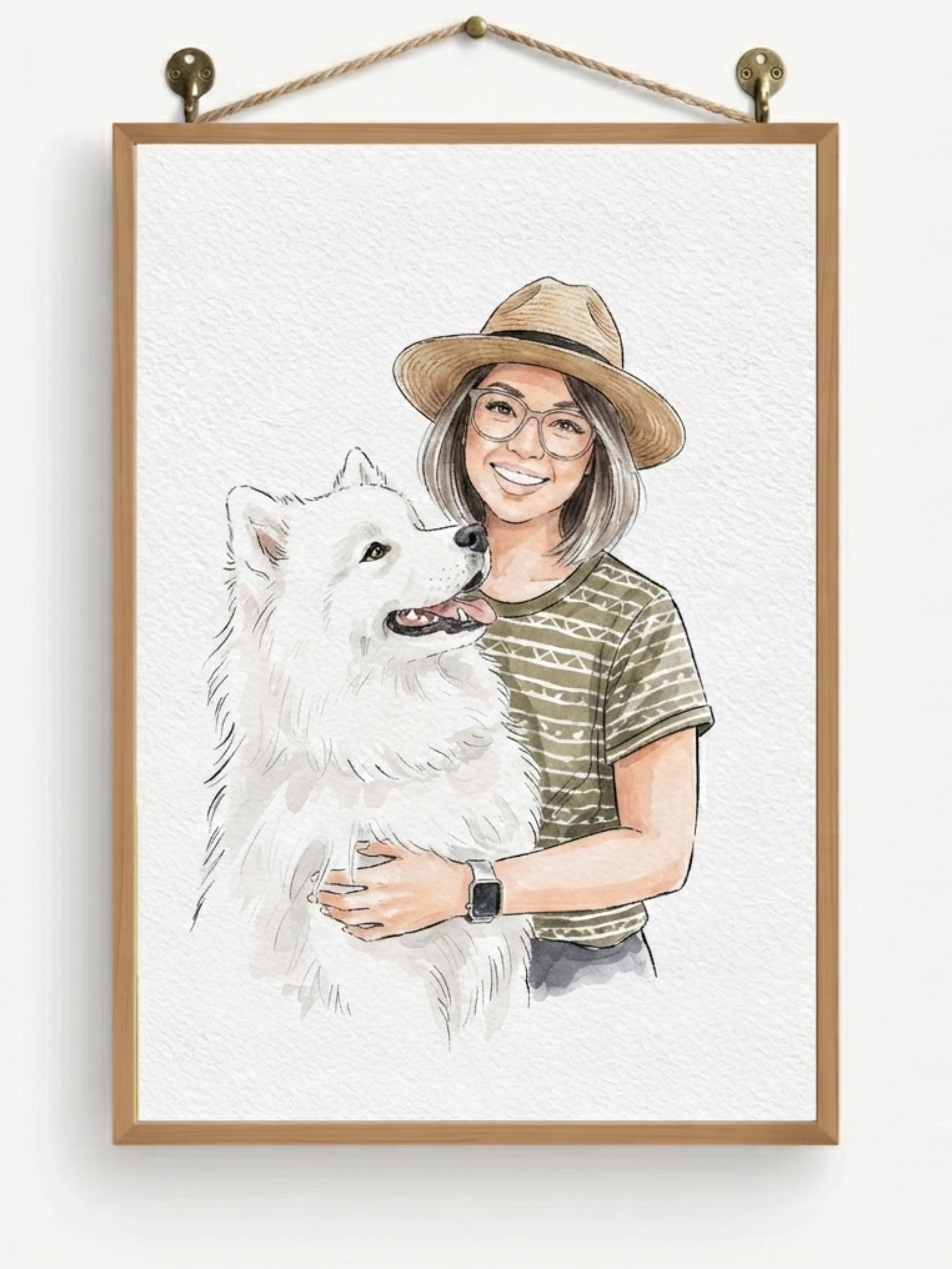 Personalized Portrait With Pet, Custom Family Illustration From Photo, Hand Drawn Animal Artwork, Watercolor Keepsake Gift