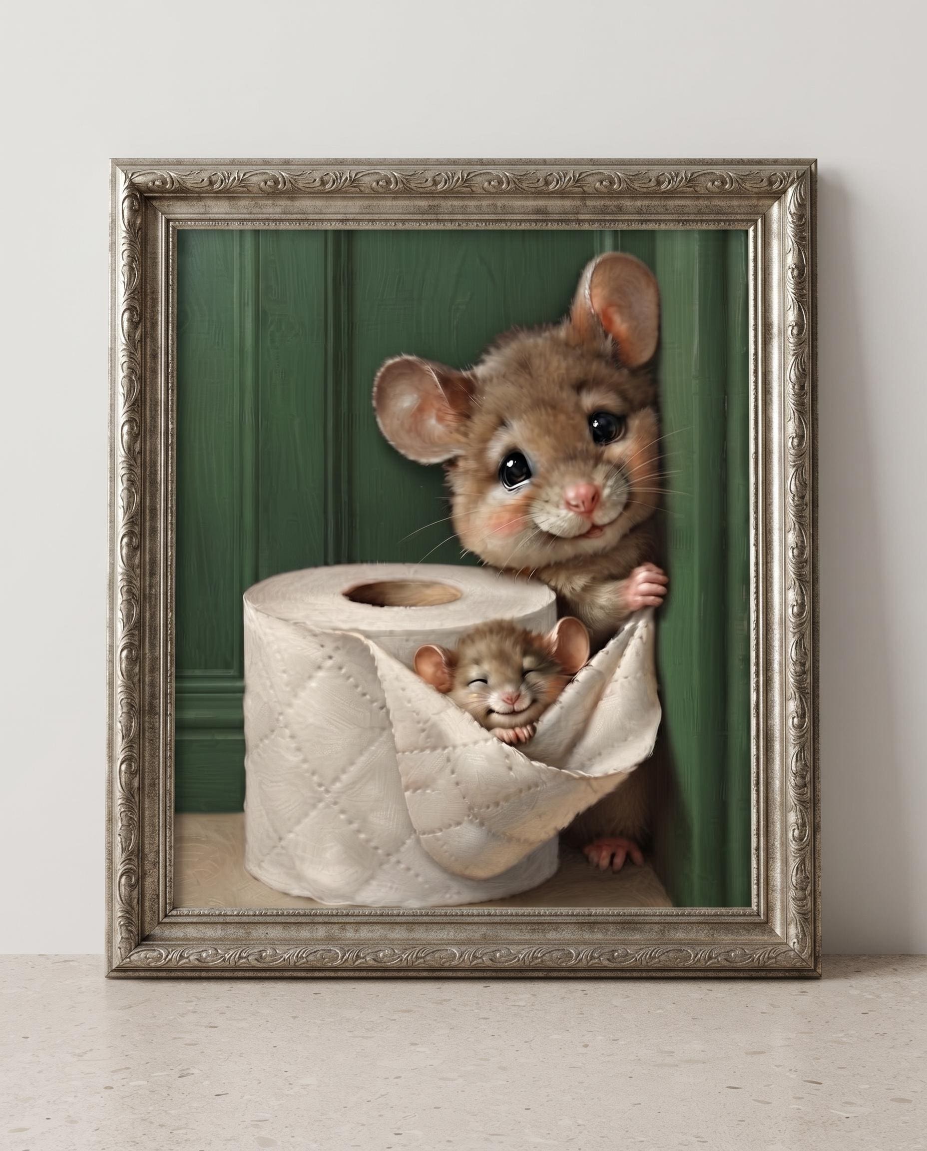 Funny Mouse Bathroom Wall Art, Toilet Paper Animal Print, Whimsical Vintage Decor, Powder Room Printable, Cottagecore Digital Download