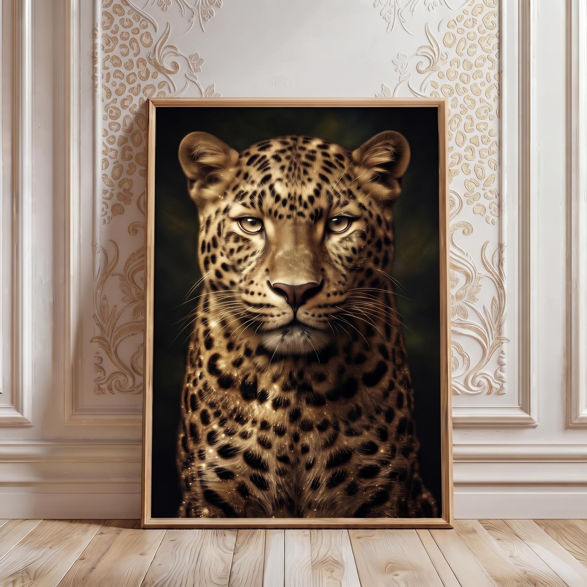 Gold Leopard Wall Art, Black Gold Animal Print, Luxury Wildlife Portrait, Glamorous Jungle Decor, Digital Download
