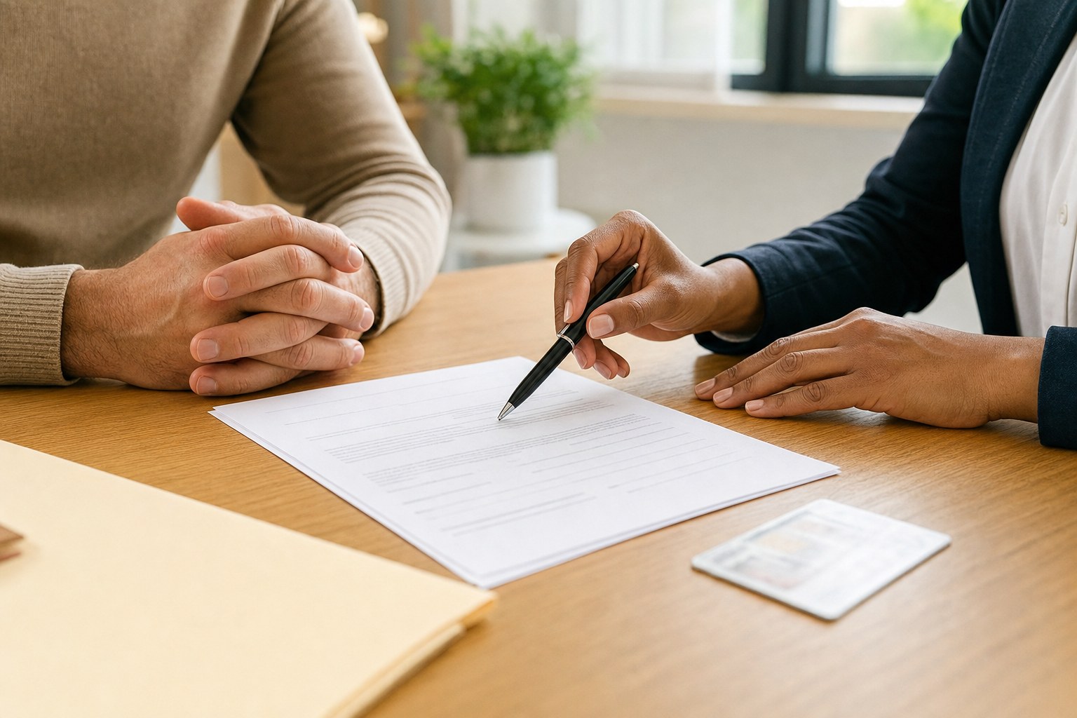 Notary and signer reviewing a partially signed document at an appointment