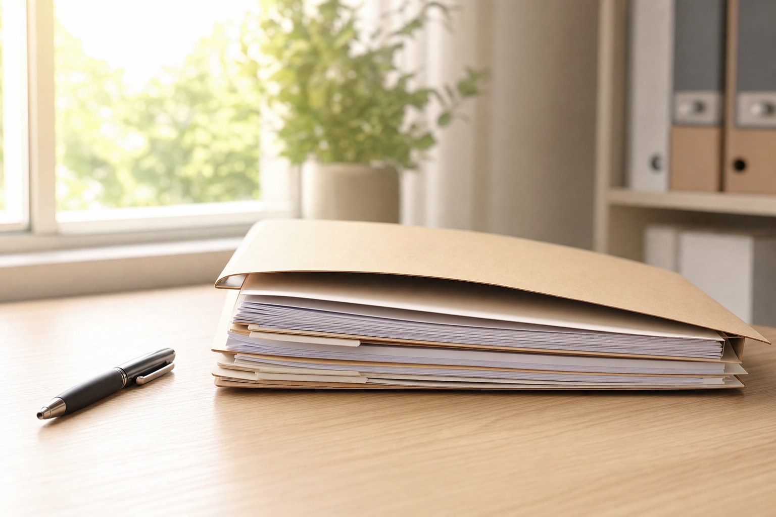 Organized document folder and pen prepared for a notary appointment