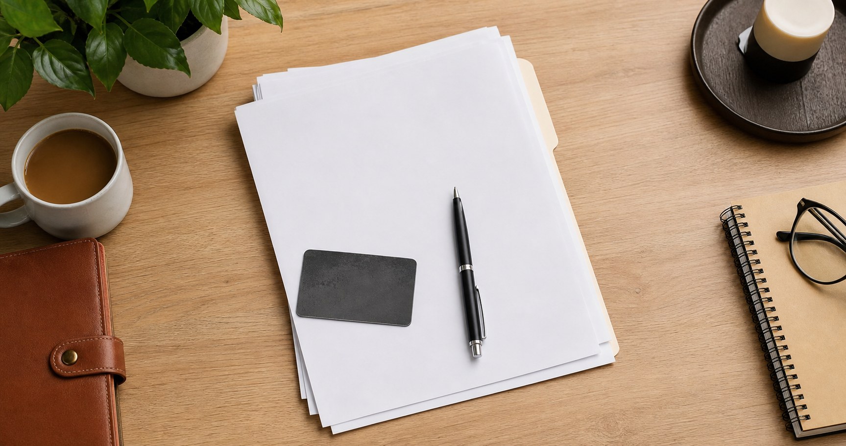 Complete document packet, pen, and identification prepared for a notary appointment