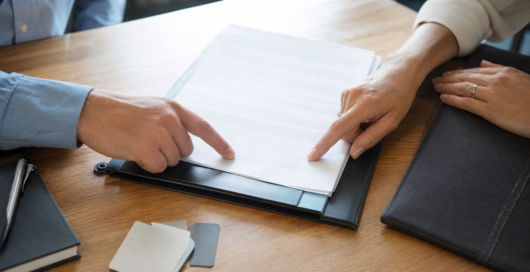 Signer and notary reviewing the signature area of a document