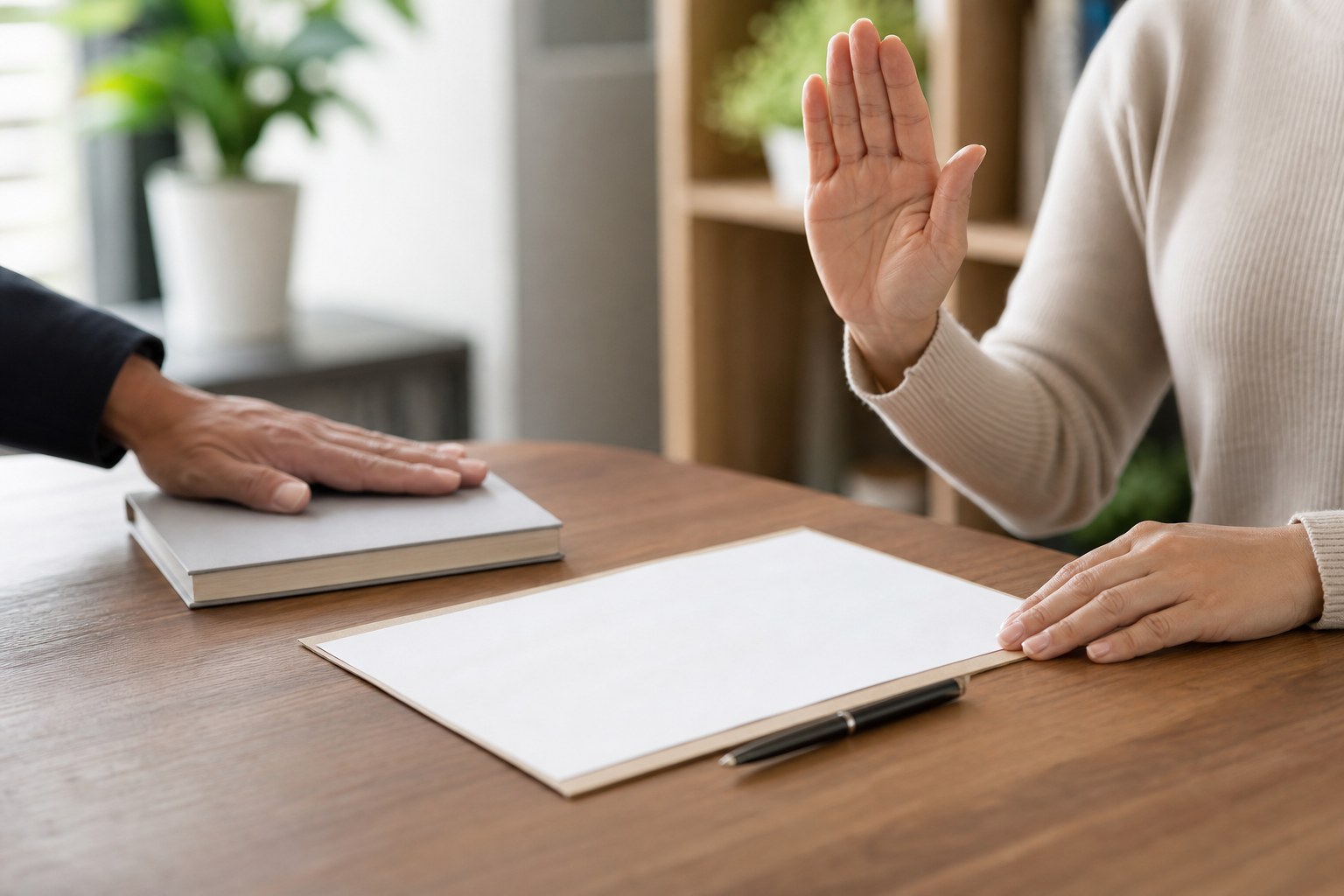 Signer raising a hand before an oath at a notary appointment