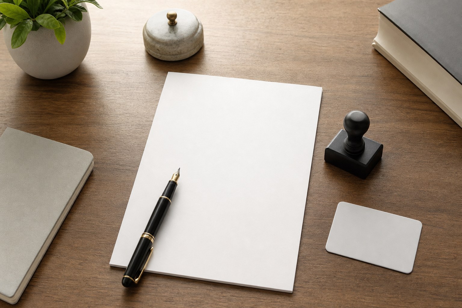 Blank document, pen, and notary stamp prepared for a signing appointment