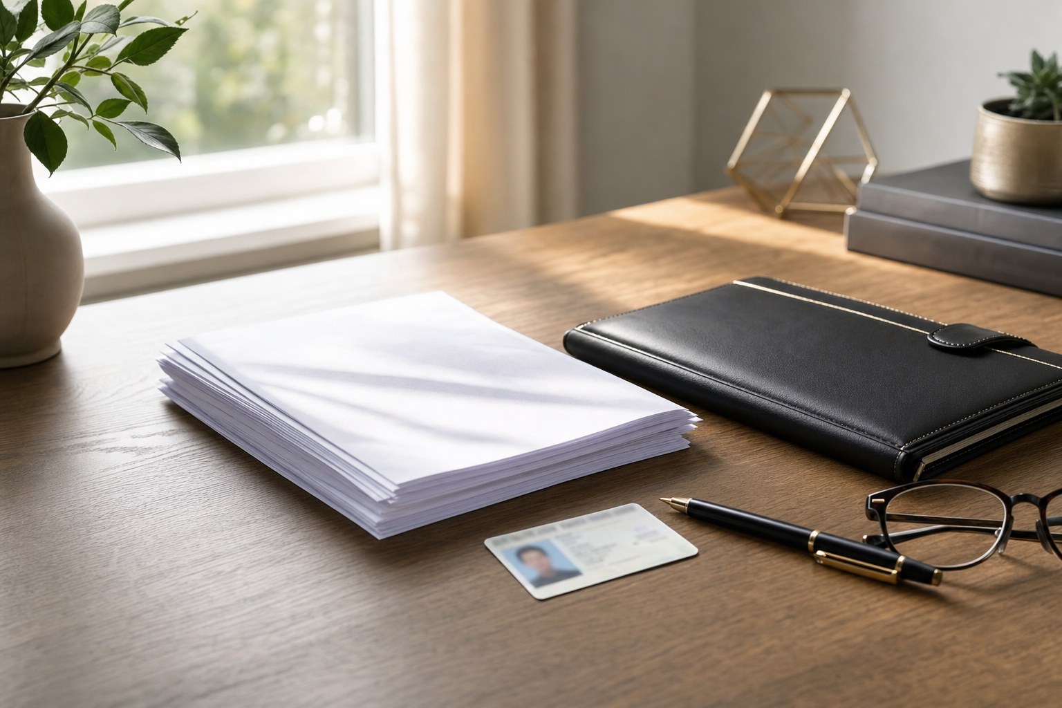 Documents, identification, a pen, and reading glasses prepared for a notary appointment
